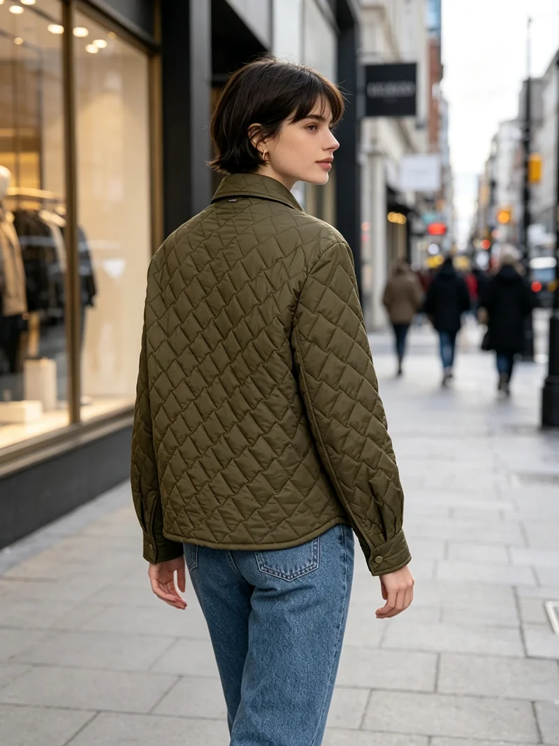 Women's Lapel Button Front Plaid Long Sleeved Lightweight Padded Jacket Casual Autumn and Winter Women's Jacket With Pockets