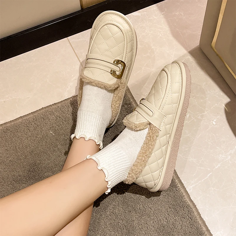 Loafers Fur Shoes Woman 2022 Round Toe Slip-on Casual Female Sneakers Shallow Mouth New Slip On Moccasin Driving Winter Leisure