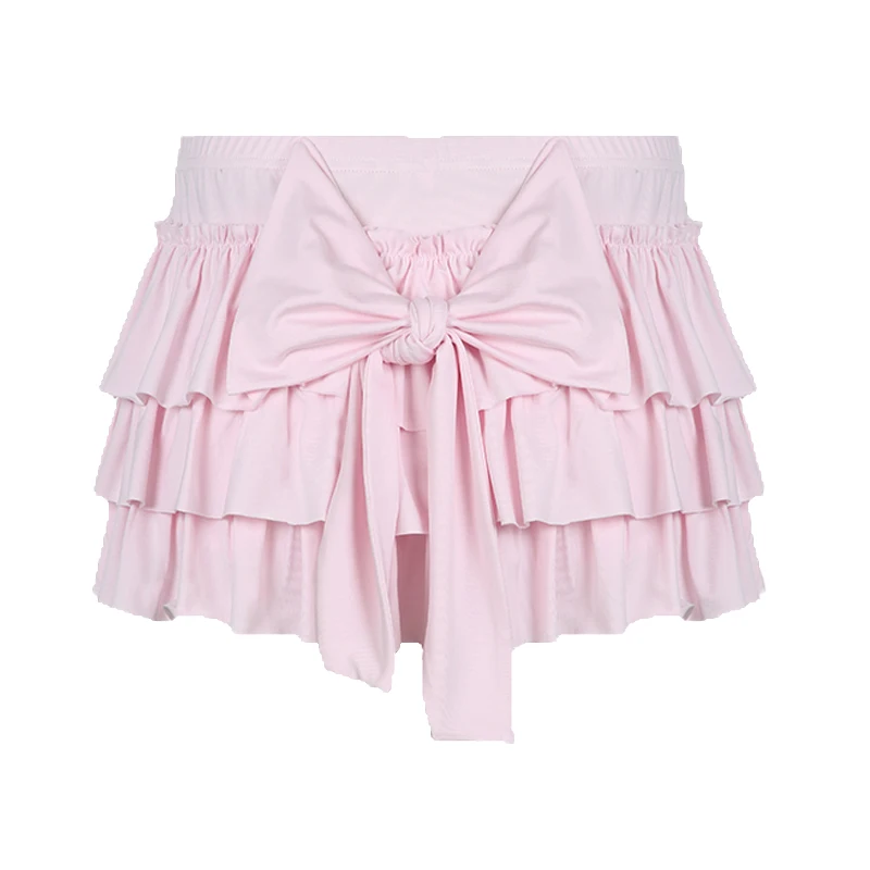 HEprocureur GIATV-Mini jupe superposée rose avec nœud dans le dos pour femme, jupe taille basse sexy avec short, sous Y2K Sweet Wlwear, High Street, Cute