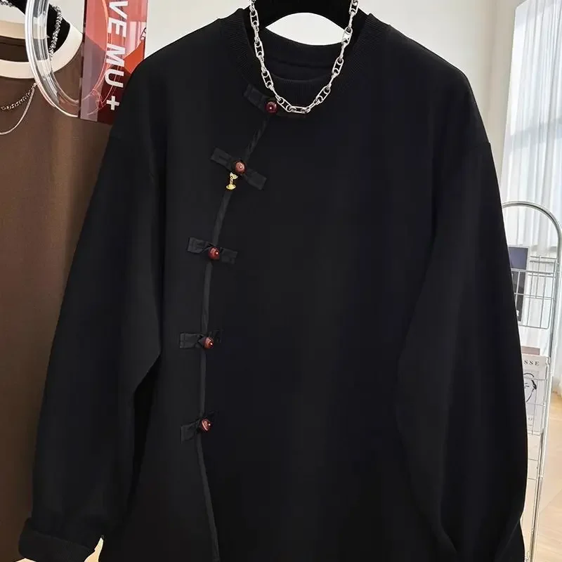 

Buckle stitching round neck sweater women's autumn 2024 new design sense new Chinese loose casual retro plus size coat