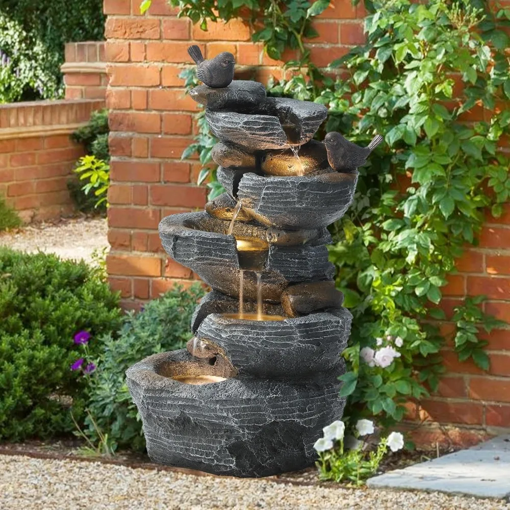 

5-Tier Cascading Rock Water Fountain Outdoor Garden Waterfall with Lights, Fountain Indoor Decor for Garden, Patio,Backyard,Deck