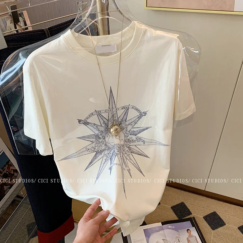 2023 Summer Graphic T Shirts Women Tees Short Sleeve O-Neck Casual White Print Harajuku Chic Oversized T Shirt Cotton Traf Tops