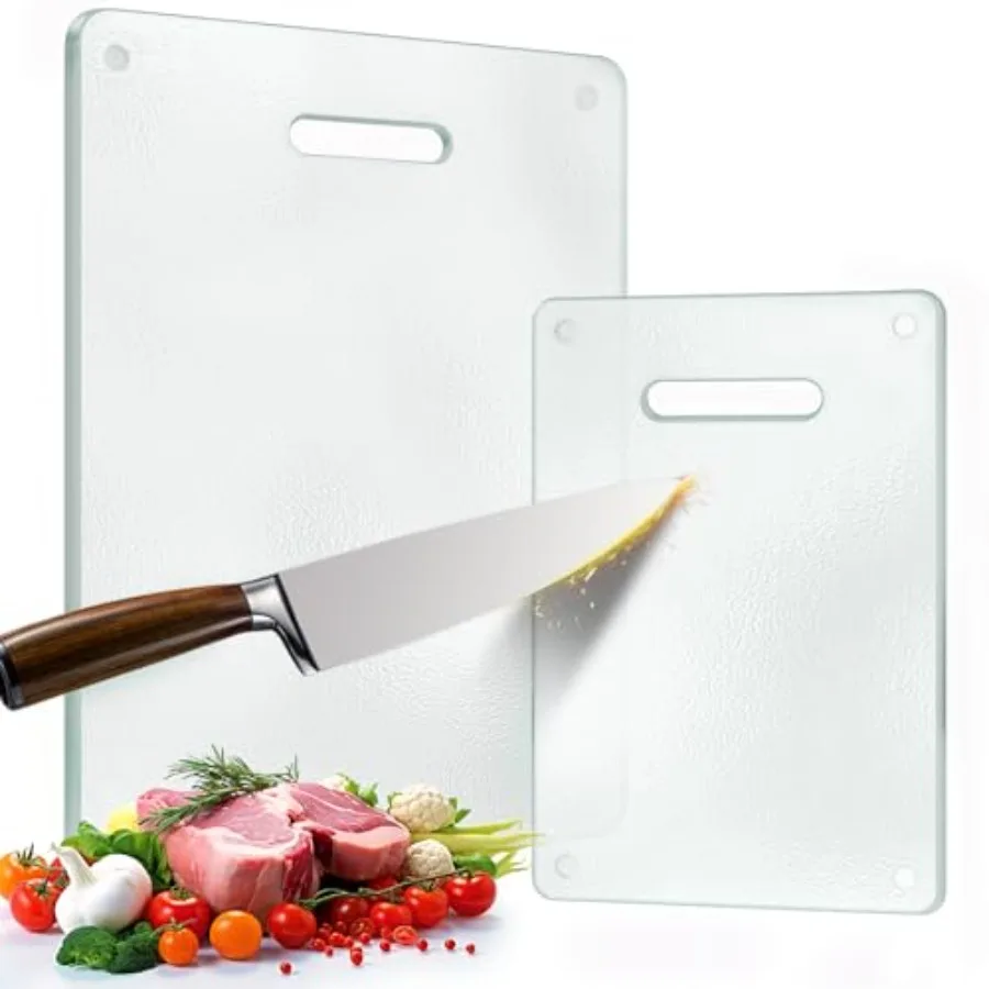 

for Kitchen, 2PCS Clear Chopping Board with Handle 16"x12" and 12"x8" , Plastic Free, Scratch Resistant, Heat Resistant, Dishwa