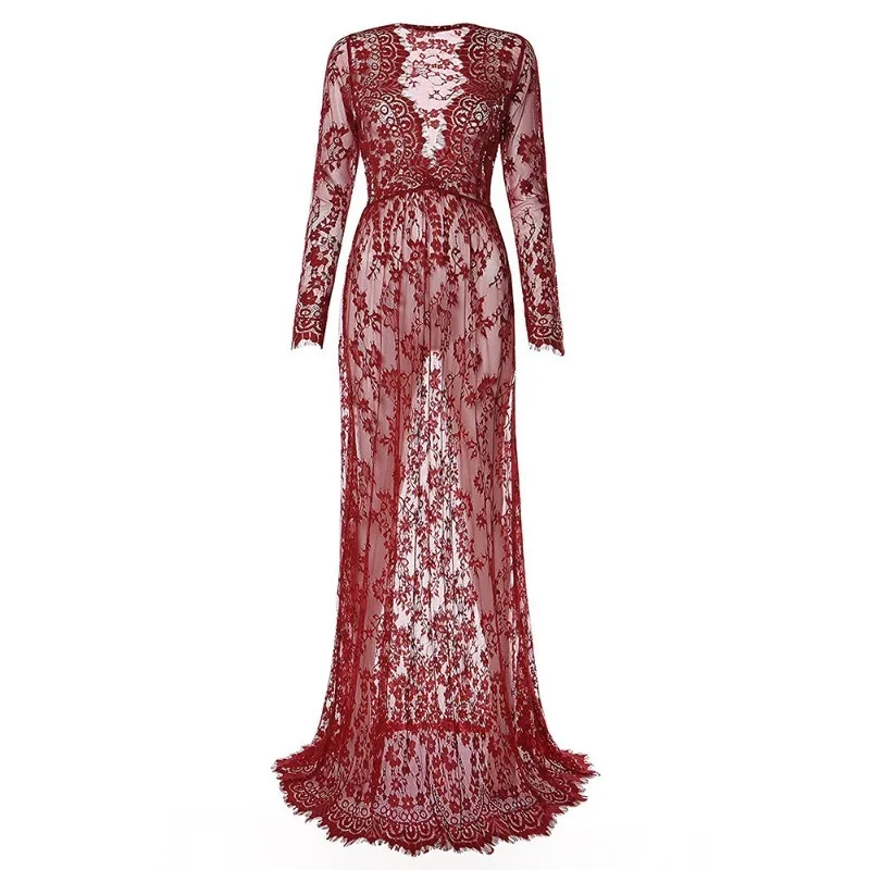 Vintage Sexy Women's Maxi Dress Transparent Lace Deep V Neck Long Sleeve See through Beach Photography Prop Gown view 6