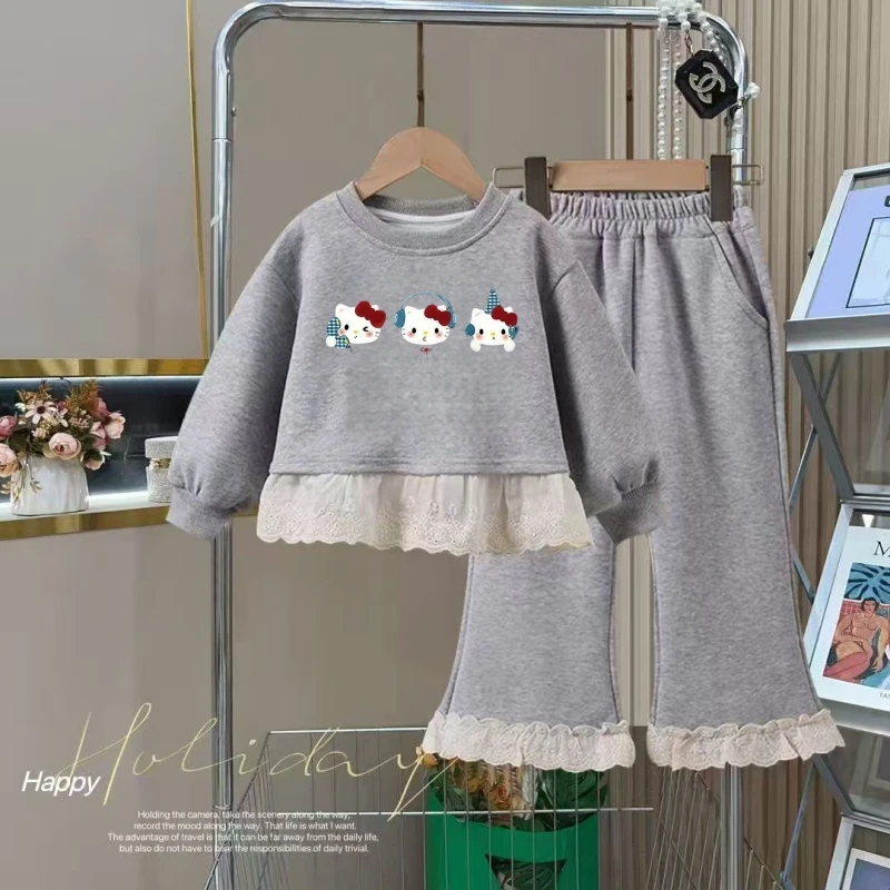فتاة الملابس مجموعات الخريف طفل مرحبا كيتي بلوزات البلوز الدانتيل تقليم بلوزات وسراويل 2 قطعة دعوى الأطفال الحلو رياضية وتتسابق #5