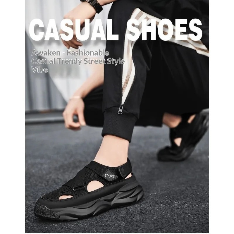 

Модные летние мужские сандалии с перфорацией, износостойкие, на толстой подошве, для активного отдыха, с противоскользящим носком, пляжные сандалии.