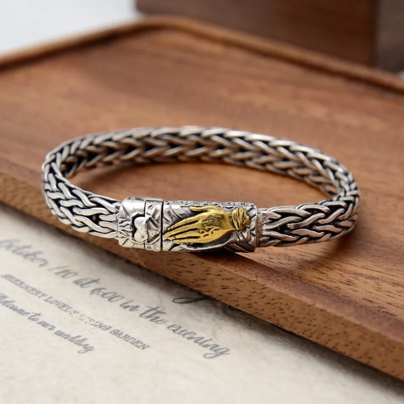Chinese Style Two-Tone Braided Praying Hands Bracelet, Vintage Ethnic Bold Personalized Wristband
