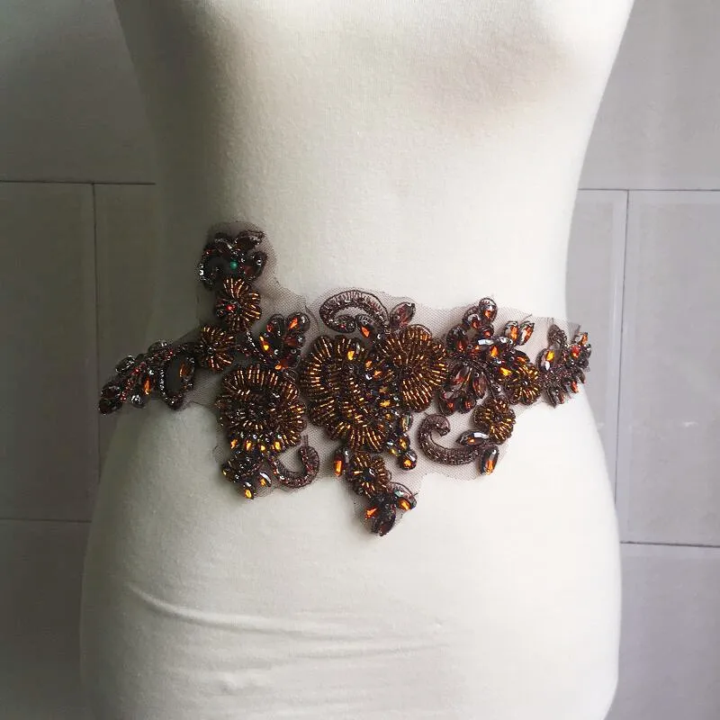 brown glass crystal beaded applique for women over coat decoration fashion garment and clothing sewing rhinestones DIY accessory