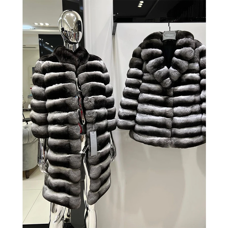 Winter Rabbit Fur Jacket With Lapel Mid-Length Luxury Brands Real Rex Rabbit Fur Coats Chinchilla Colour