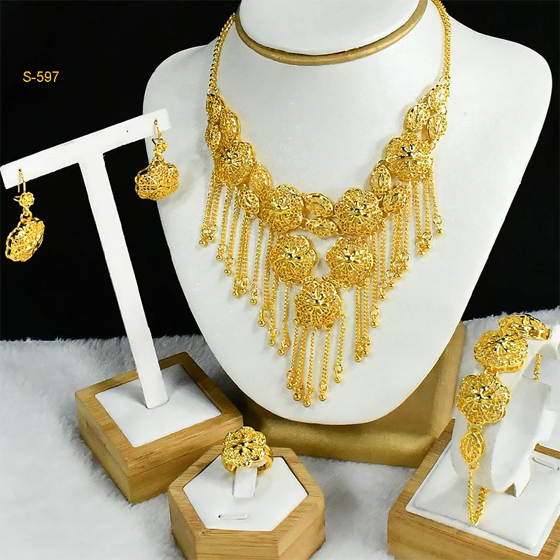 

Ethiopian Tassel 24k Gold Plated Jewelry Sets For Women Arabic Wedding Indian Bridal Dubai Necklace And Earring Set Party Gifts