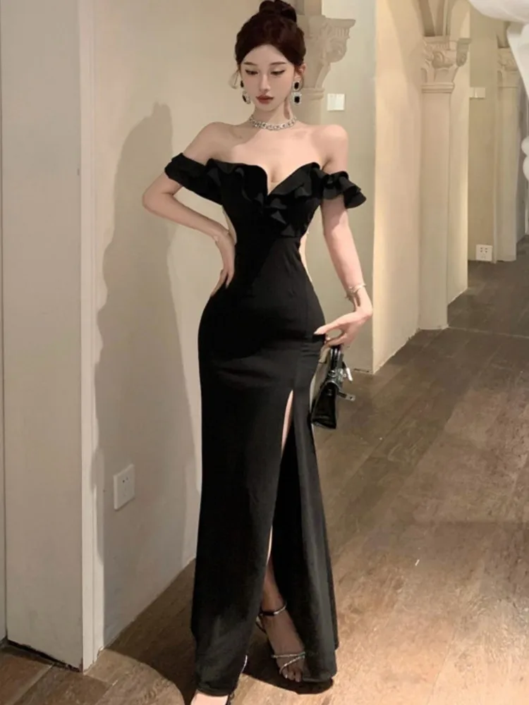 

Sexy Ruffled Womens Dresses Elegant Off Shoulder Strapless Evening Party Dress Summer High Waist Slim Wrapped Slit Long Robe New