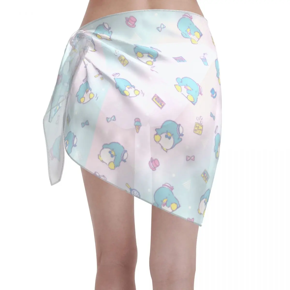 Sanrio Tuxedo Sam Women Beach Sarongs Sheer Cover Ups Chiffon Cartoon Penguin Bikini Wrap Skirt for Swimwear