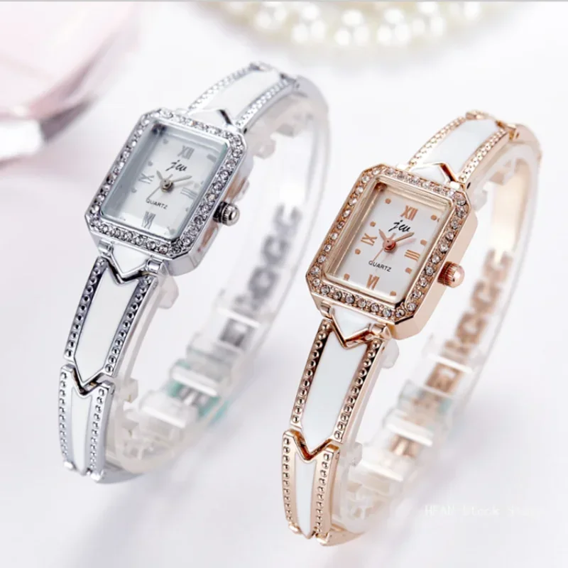 Mode Luxusuhr Rechteck Stahl Strass Frauen Armbanduhr Quarz Armbanduhren