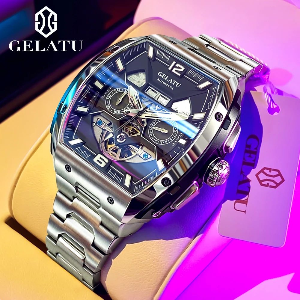 GELATU Certified Brand Original Men Watch Tonneau Skeleton Waterproof Automatic Mechanical Watch Multi-function Trend Wristwatch