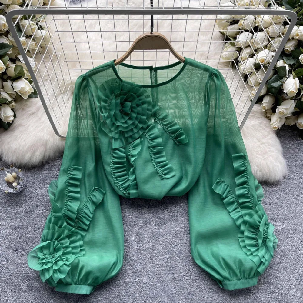 

French Heavy Industry Three-Dimensional Flower Long Sleeved For Women's Spring Summer New Sweet Loose Fitting Slim And Stylish