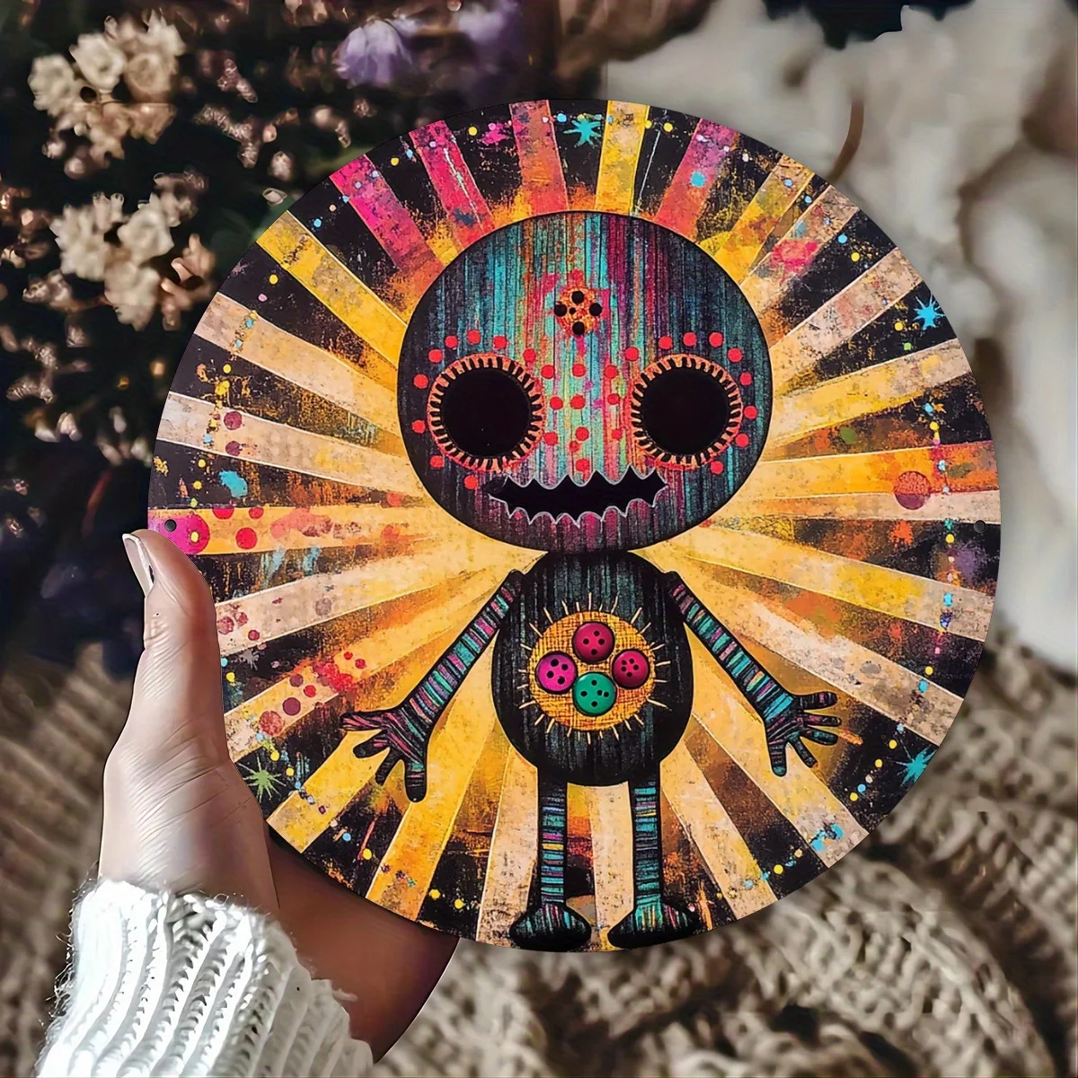 2D Flat, Two-dimensional Plane, [Two-dimensional Plane] 1pc 2D Printed 20x20cm Metal Iron Sign, Voodoo Doll Round Metal Sign - H