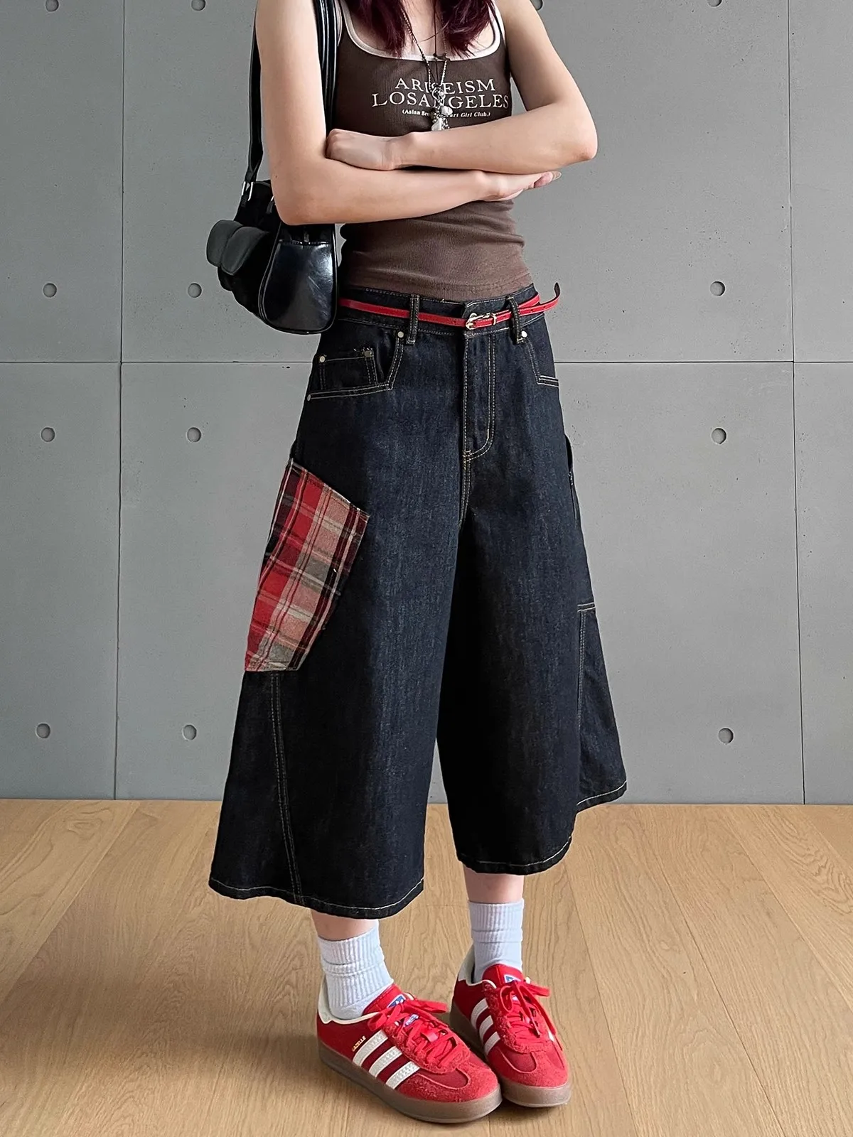 

Women's Summer High Waist Loose Slim Straight Leg Casual Pants American Retro Plaid Splicing Seven-Quarter Denim orts