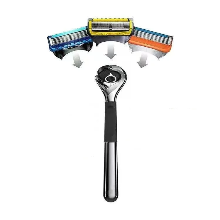 ماكينة حلاقة يدوية للرجال من الفولاذ المقاوم للصدأ، مقبض ماكينة حلاقة مغناطيسي اختياري، شفرات ماكينة حلاقة بخمس طبقات للجسم بالكامل