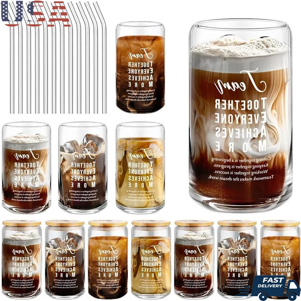 

12-пакеточные стеклянные чашки для сотрудников с бамбуковыми крышками, соломинки, вдохновляющие подарки, офисная команда