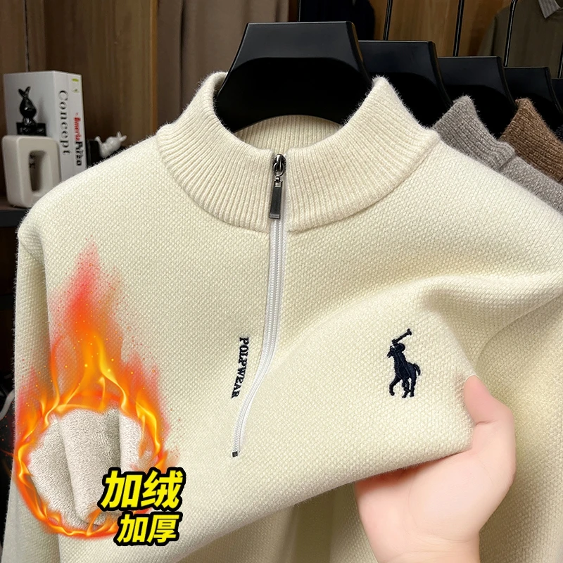 

2025 High End Half Zipper Sweater for Men's Winter New Style Casual with Velvet Warmth Chenille Bottom Knitted Sweater for Men
