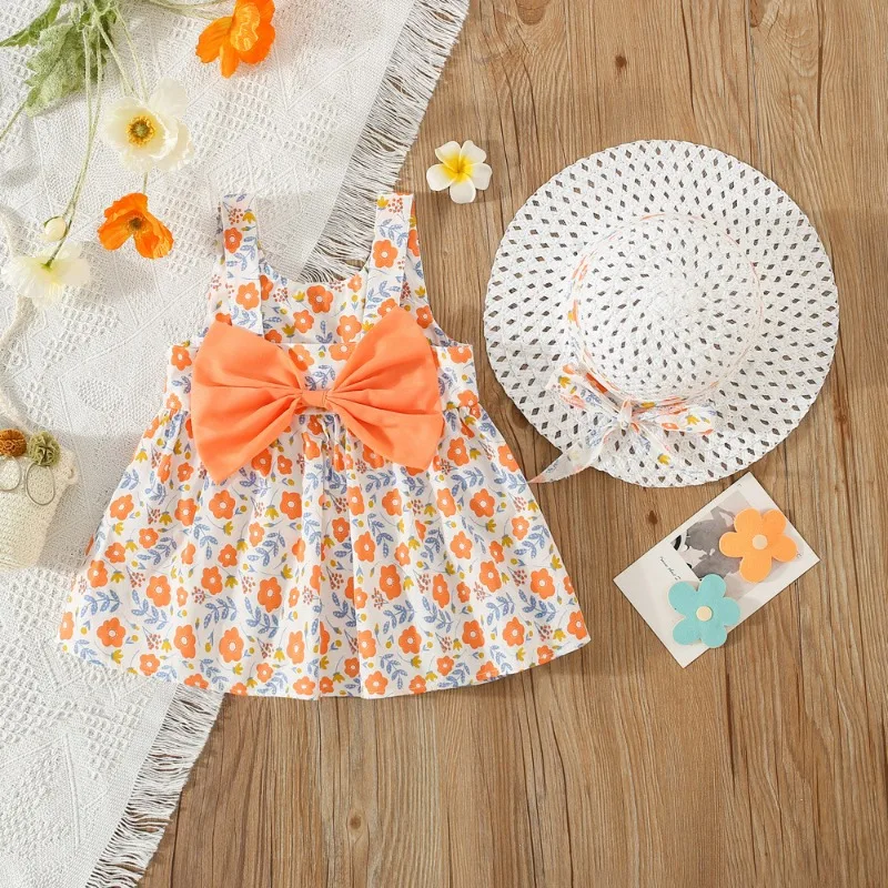 Girls' Dress Summer Children's Wear New Field Garden Small Floral Back Bow Halter Children Skirt with Hat Years Girl Clothes