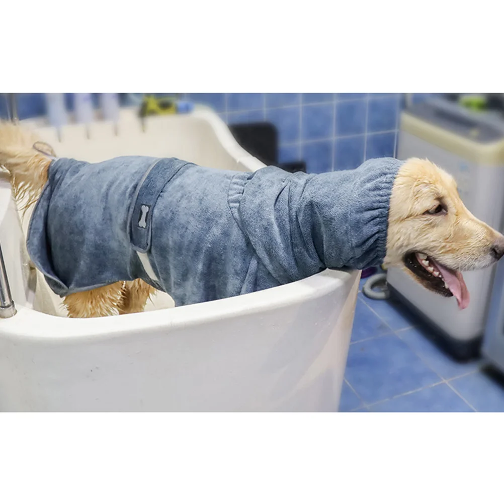 

Dog Bath Towel Fast Drying Water Absorbent Microfiber Pet Bathrobe For Medium Large Dogs Grey Elastic Head Cover Hand Pockets