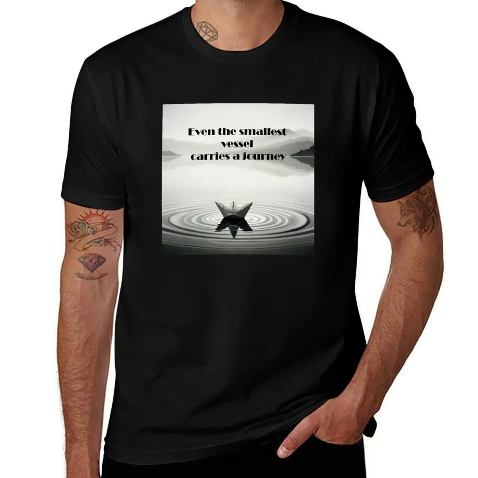 

Even the smallest vessel carries a journey. Paper boat, lake T-Shirt plus sizes cute tops customs clothes for men