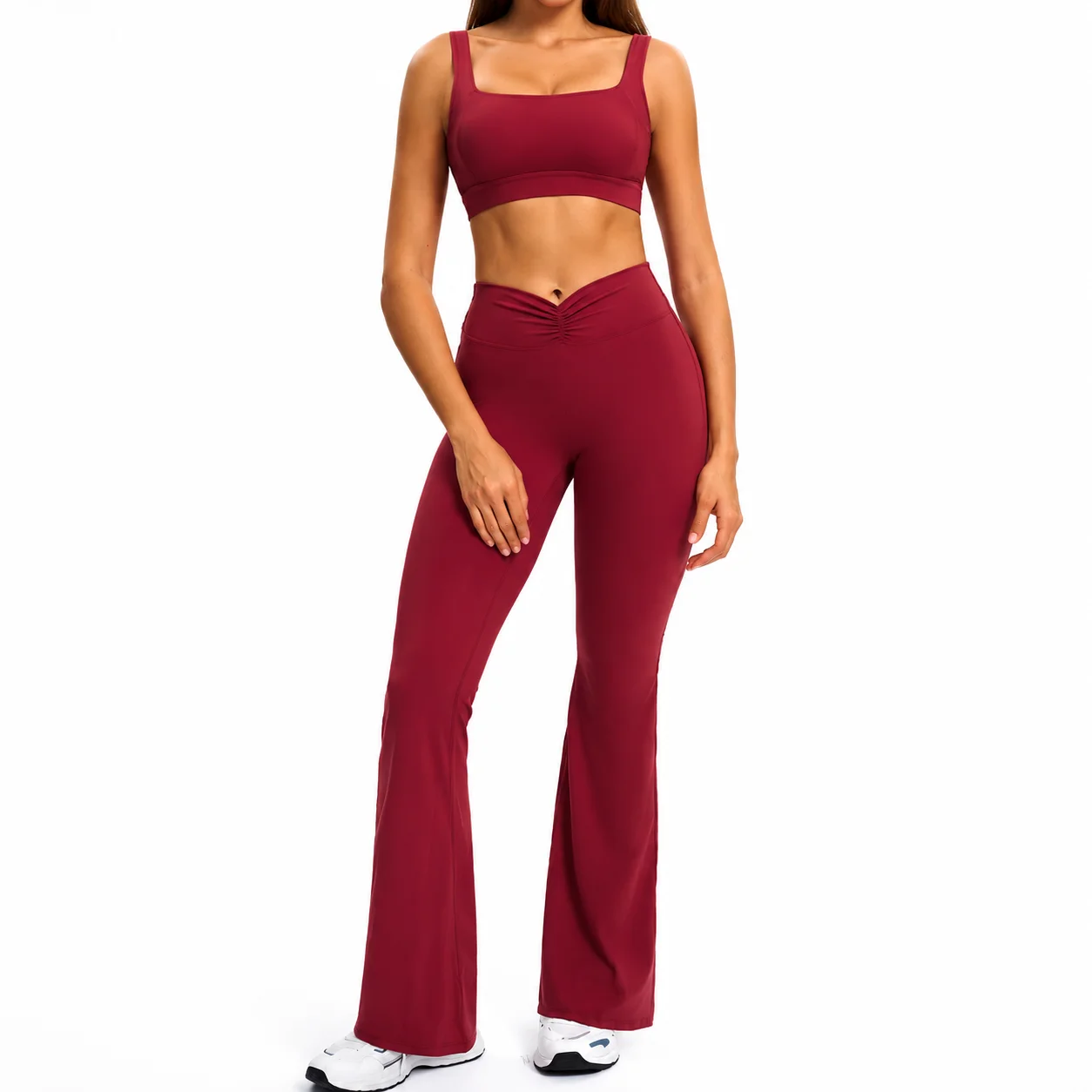 Women's Square Neck Sports Bra & V-Waist Flare Leggings Set - Removable Padded Tummy Control Yoga Gym 2-Piece Suit, Multiple Col