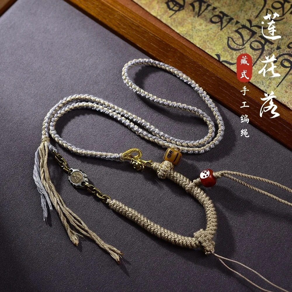 

Tibetan Hand Woven Thangka Tianzhu Buddha Brand Neck Necklace Beeswax Jade Pendant Rope Cotton Lucky Jewelry