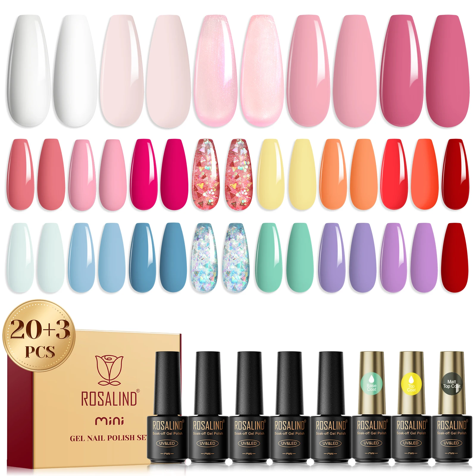 Rosalind 23/38/48pcs gel nail polish set dip base coat gel color nail polish set UV phototherapy led gel nail lamp.