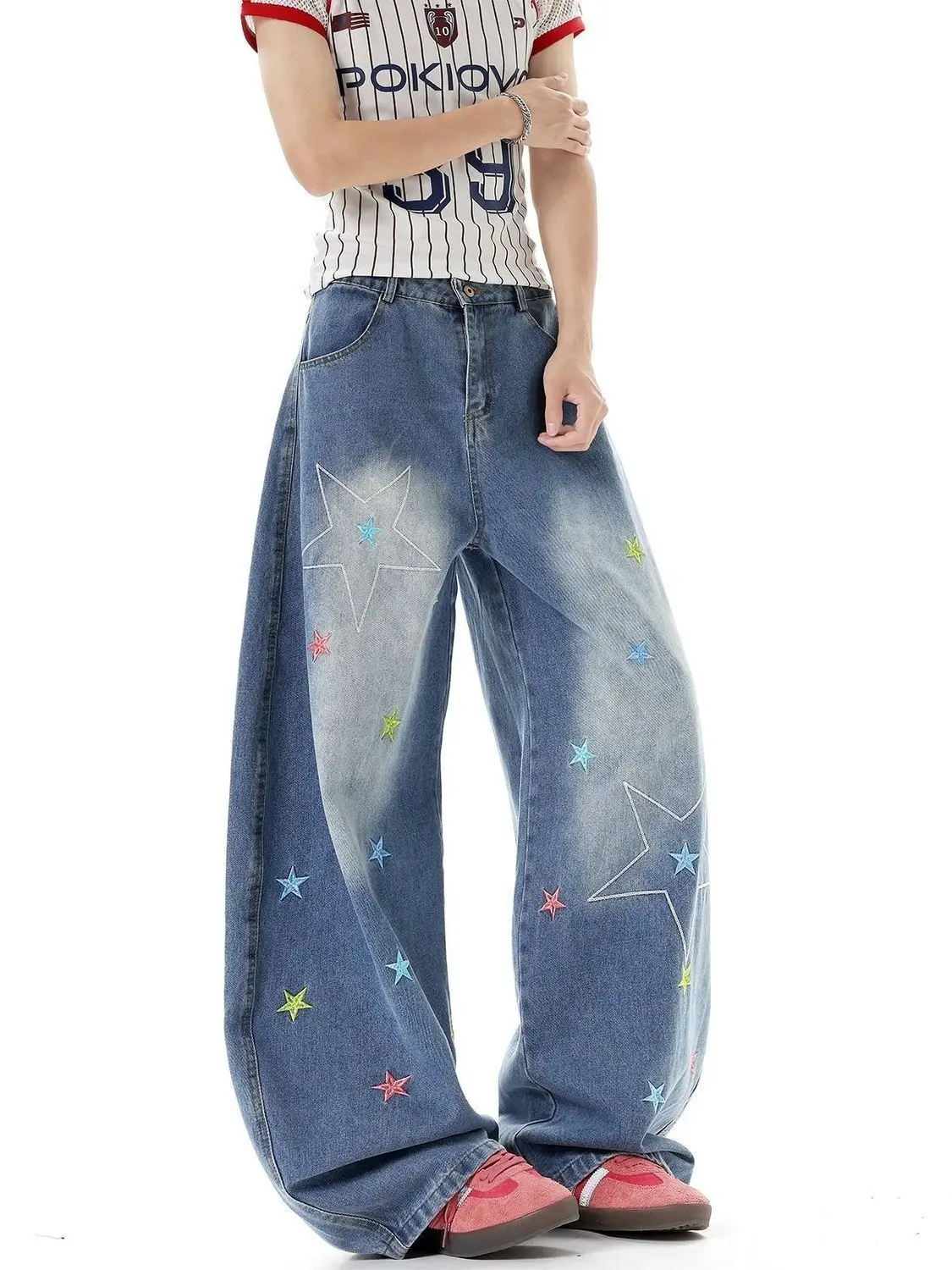 Vintage americano estrela bordado perna larga denim calças femininas 2025 solto cintura alta em linha reta fino ajuste arrastando streetwear jeans