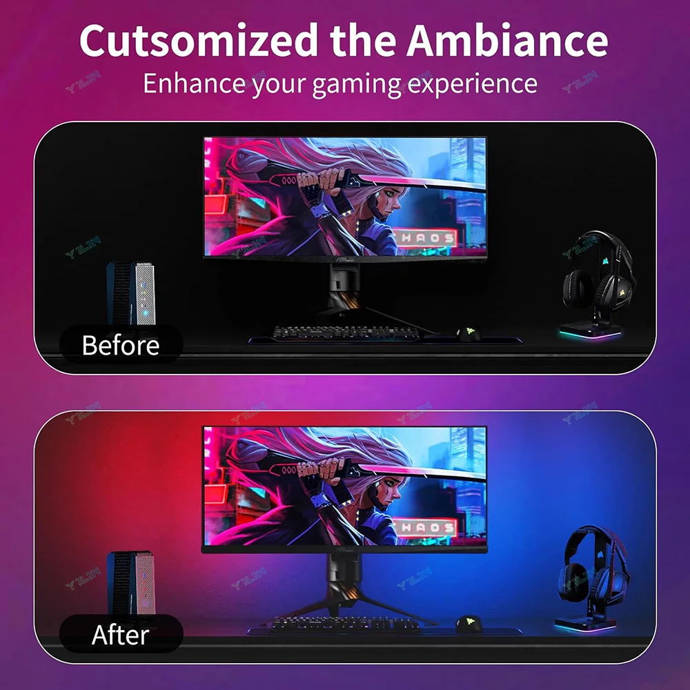 Immersive RGBIC LED Strips PC Background Computer Light Strip USB 5V Monitor Screen Color Sync Smart Control Ambient Decor Lamp