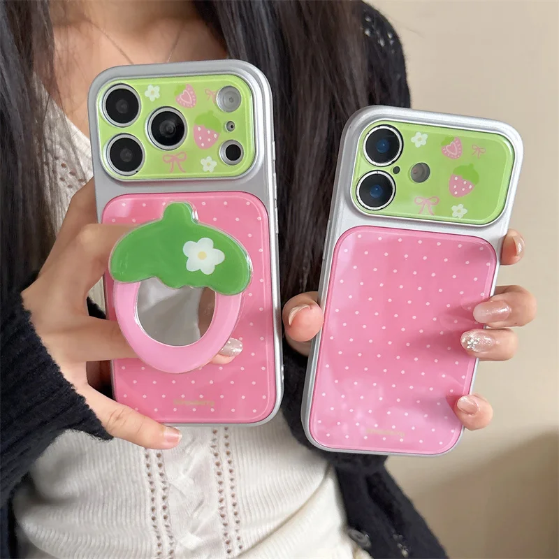 

Korean Ins Pink Polka Dot Strawberry Phone Case For iPhone 15 16 17 Pro Max With Mirror Stand Shockproof Cover iphone 17 pro max