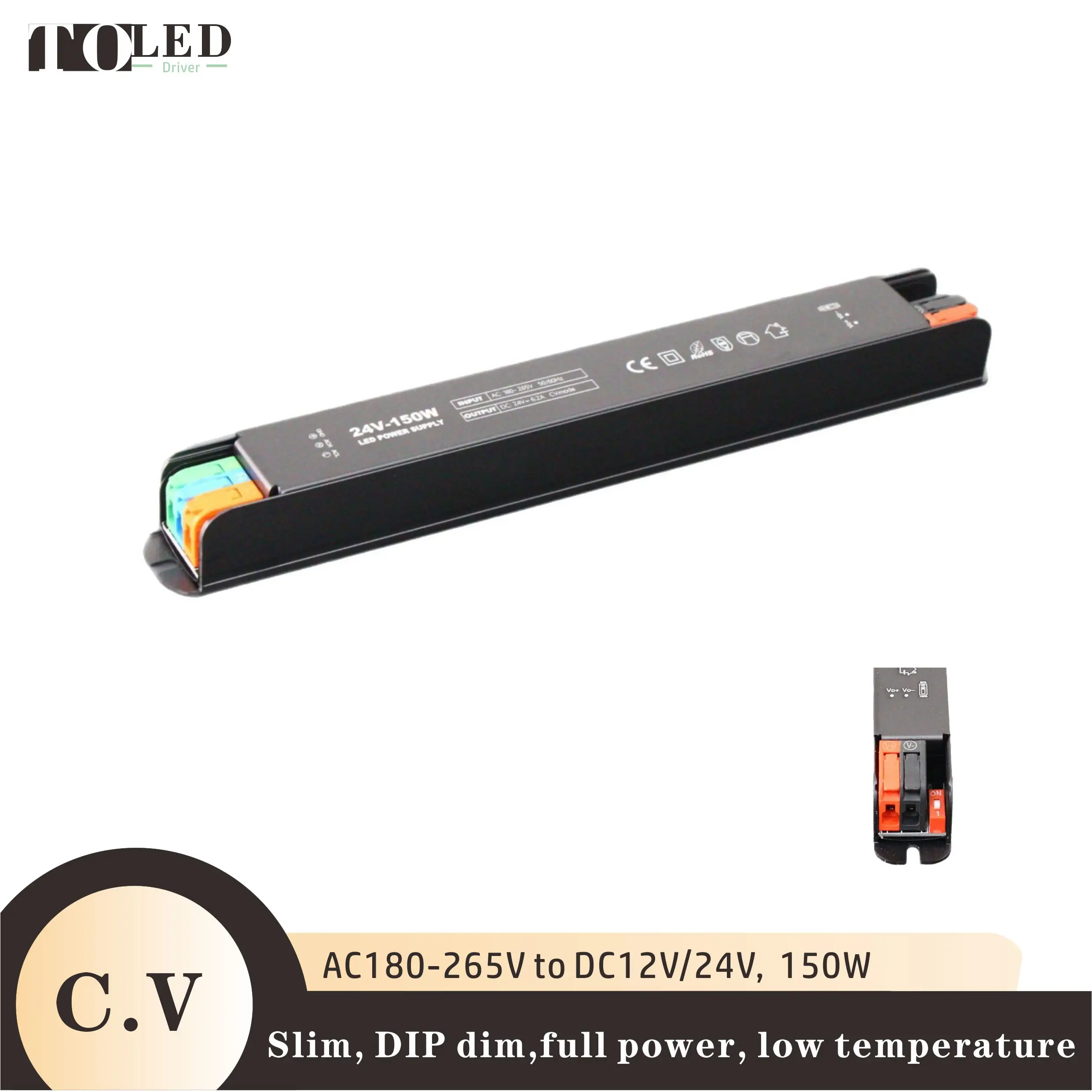 C.V DC24V 150W slim LED driver switching power supply lighting transformer DIP dim,low temperature,low price