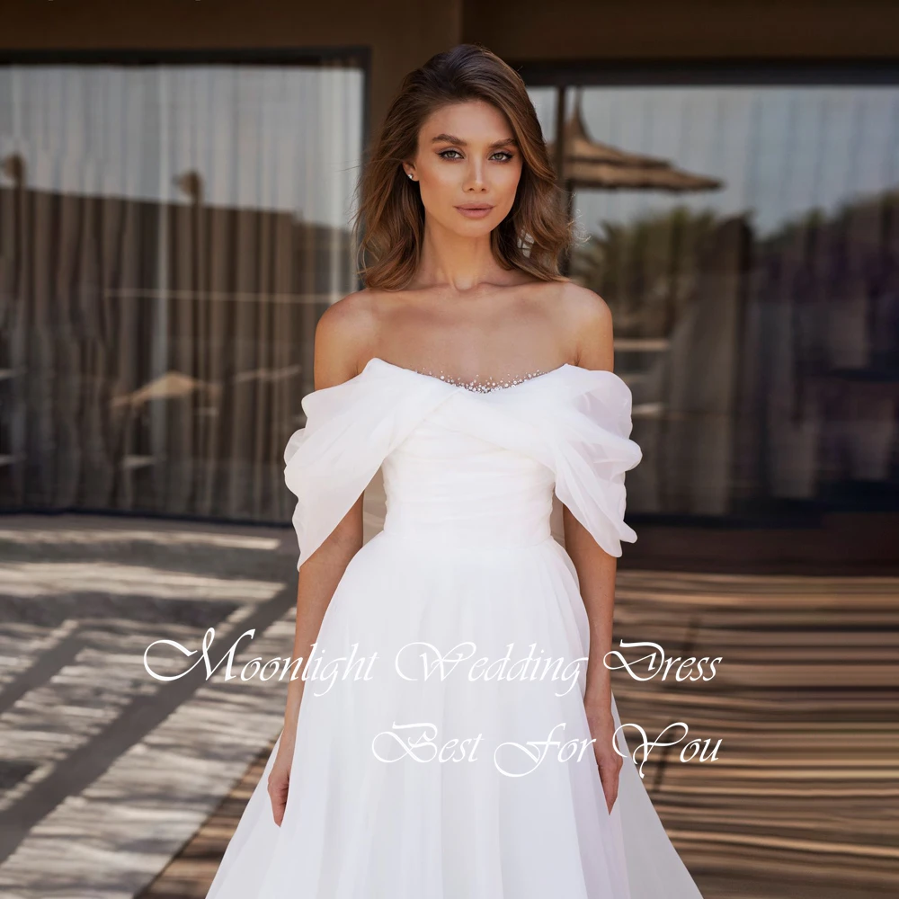 الكلاسيكية مطوي قارب الرقبة قبالة الكتف ألف خط فستان الزفاف المرأة الديكور عارية الذراعين فستان زفاف Vestidos De Novia مخصص