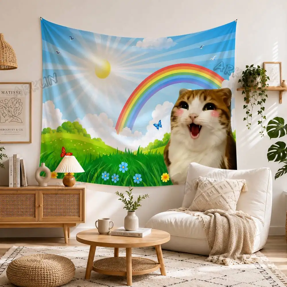 Funny Cute Happy Cat Meme Tapestry Rainbow Sunshine Wall Bright Cartoon Nature Scenery Dorm Bedroom Background Home Wall Decor
