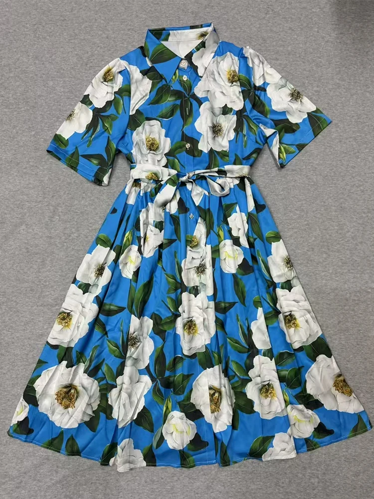 Elegante abito con stampa in vita con cintura a maniche corte 2025 primavera ed estate nuova gonna a camicia lunga altalena monopetto con risvolto da donna