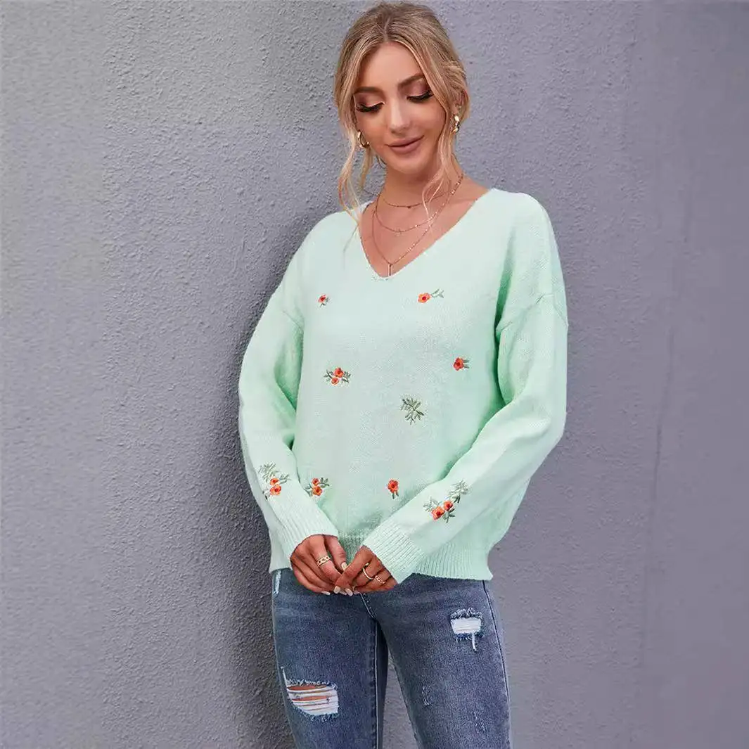 سترة نسائية محبوكة بياقة على شكل V مع تطريز زهور، مقاس كبير، موضة ربيع 2025، وصول جديد، مريحة وعصرية بأكمام طويلة #5
