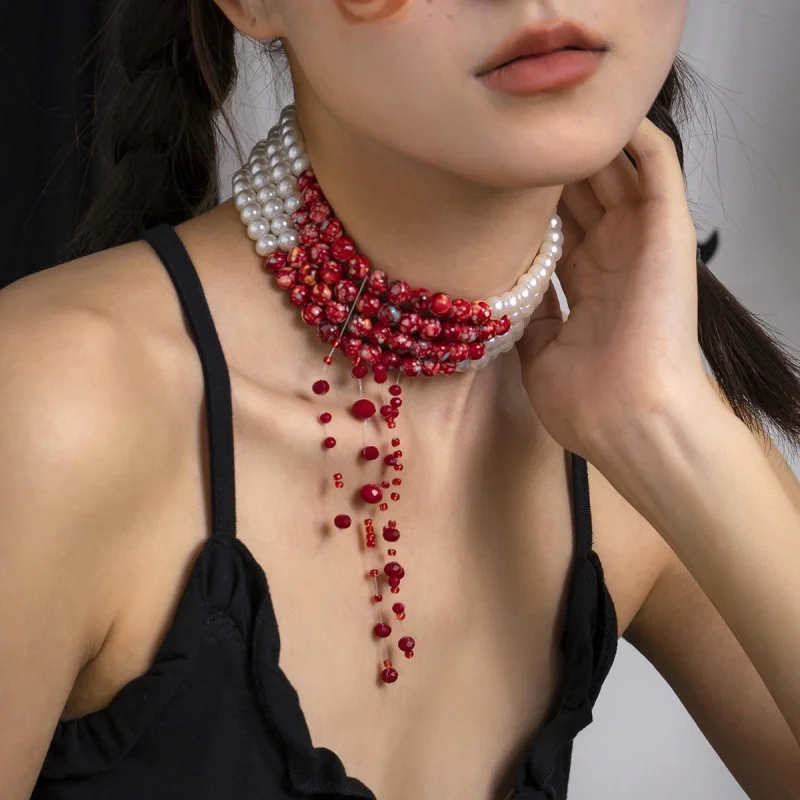 Red Bead Pearl Choker Necklace for Women, Tassel Drop Neck Collar, Gothic Costume Accessory for Halloween Cosplay Party