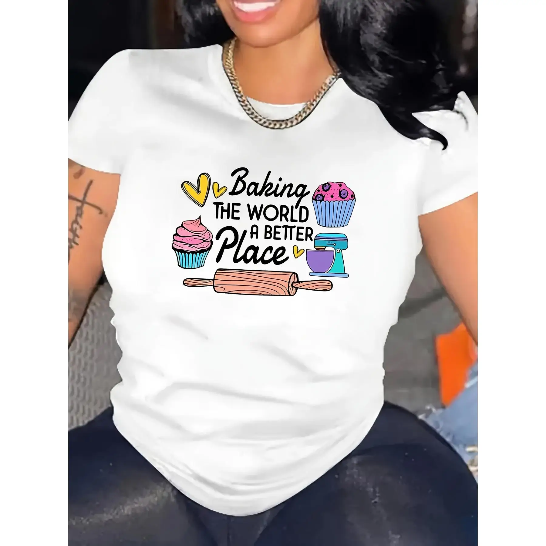 

New Women's Baking T-Shirt, ''Baking The World A Better Place'' Funny Baker Gift, Cute Cupcake Graphic Tee Top