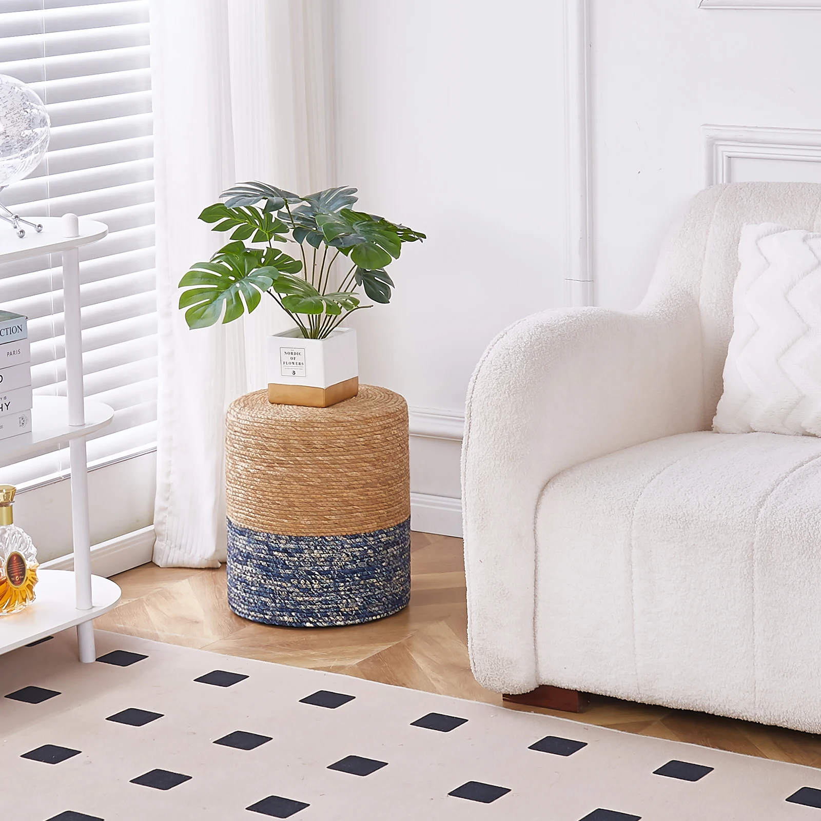 

Ottoman Poof, Natural Seagrass Poufs, Hand Weave Round Footstool, Pouffe Accent Chair, Sitting Braided Footrest W/Jute Cover