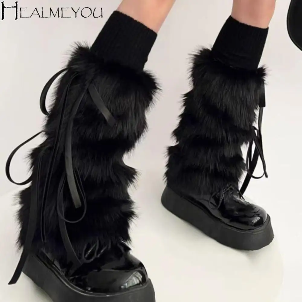 

Solid Color Faux Fur Furry Leg Warmers Y2k Spicy Girl Lace Up Leg Warmers Knee High Warm Women's Plush Stockings Women
