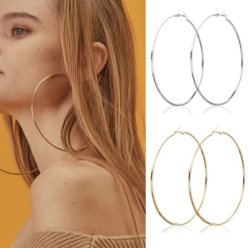 2pcs 30-100mm Small Big Circle Hoop Earrings for Women Men, Stainless Steel Ear Ring Fashion Jewelry Gift Nightclub DJ