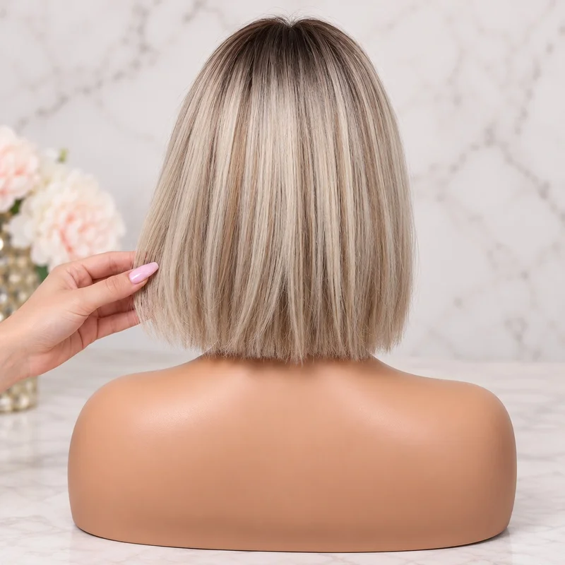 T Part Lace Front Bob Wig for Women Dark Root Ash Beige Short Straight Hair Middle Part Natural Look Shoulder Length Wig