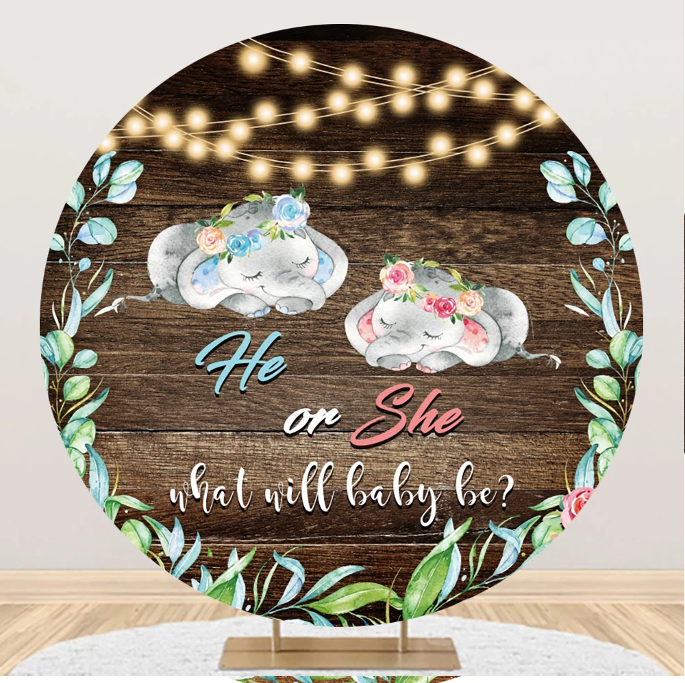 

Gender Reveal Party Round Backdrop He or She What Will Baby Be Pregnancy Reveal Elephant Wooden Board Decoration Background