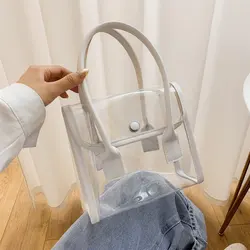 Transparent Bags Women Summer Designed Patchwork PVC Portable Simple Student Travel Jelly Bag PU Handle All-match Beach Totes