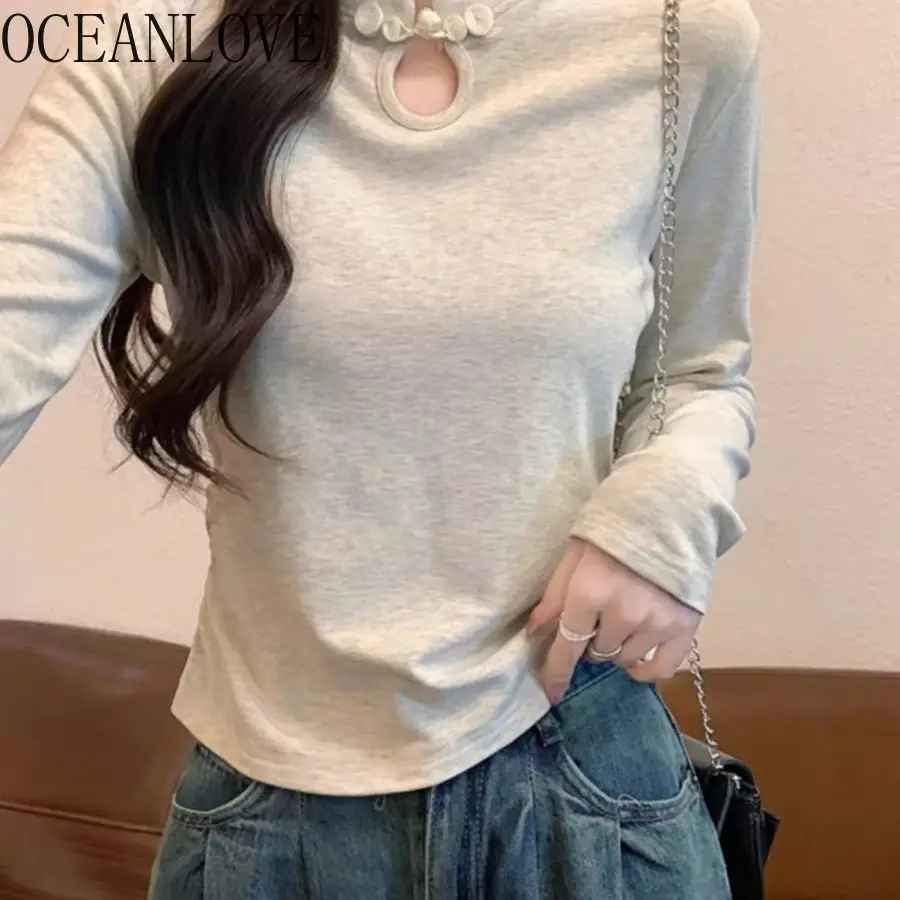 

OCEANLOVE Autumn Winter T Shirt for Women Solid Chinese Style Stand Collar Vintage Ropa De Mujer Slim Elegant Simple T-shirts