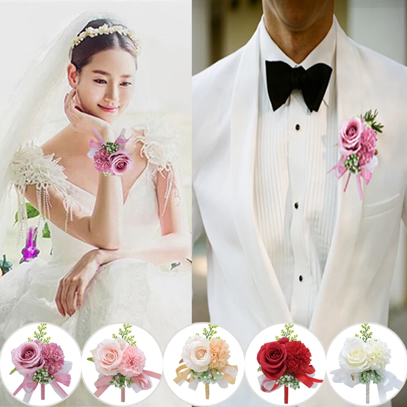 Wrist Flowers Corsages Silk Artificial Flower Party Wedding Decor Groom Bride Bridemaid Hand Flower boutonniere mariage homme