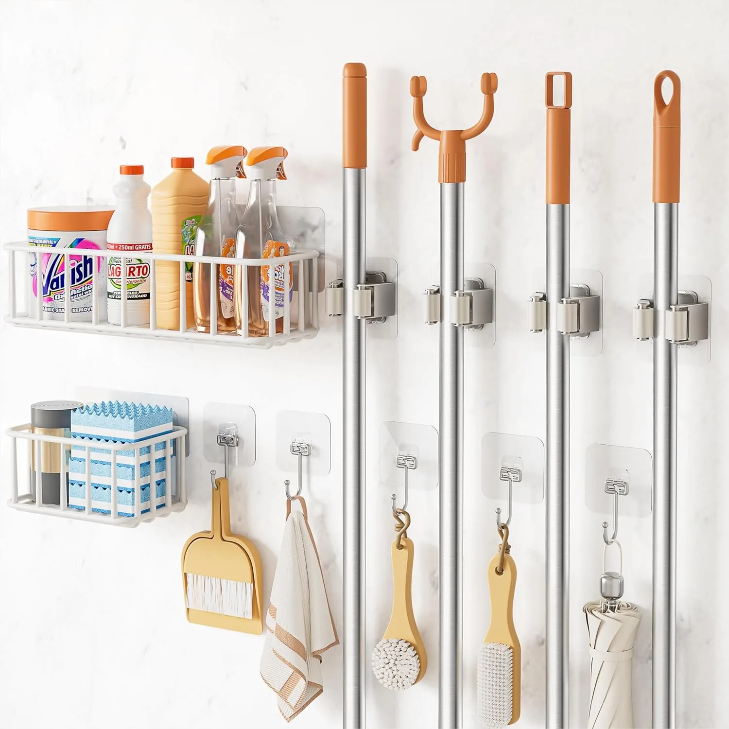 

11 Pack Broom Holder Wall Mount Self Adhesive, Broom and Mop Organizer with Utility Hooks Grippers for Closet Cabinet Laundry