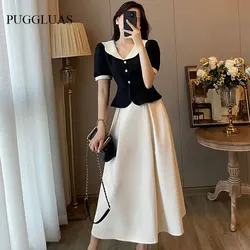 Summer Elegant Women Skirt Sets Retro Office Lady Outifits Puff Sleeve Black Top A Line Skirts Korean Fashion Sweet Hepburn Suit